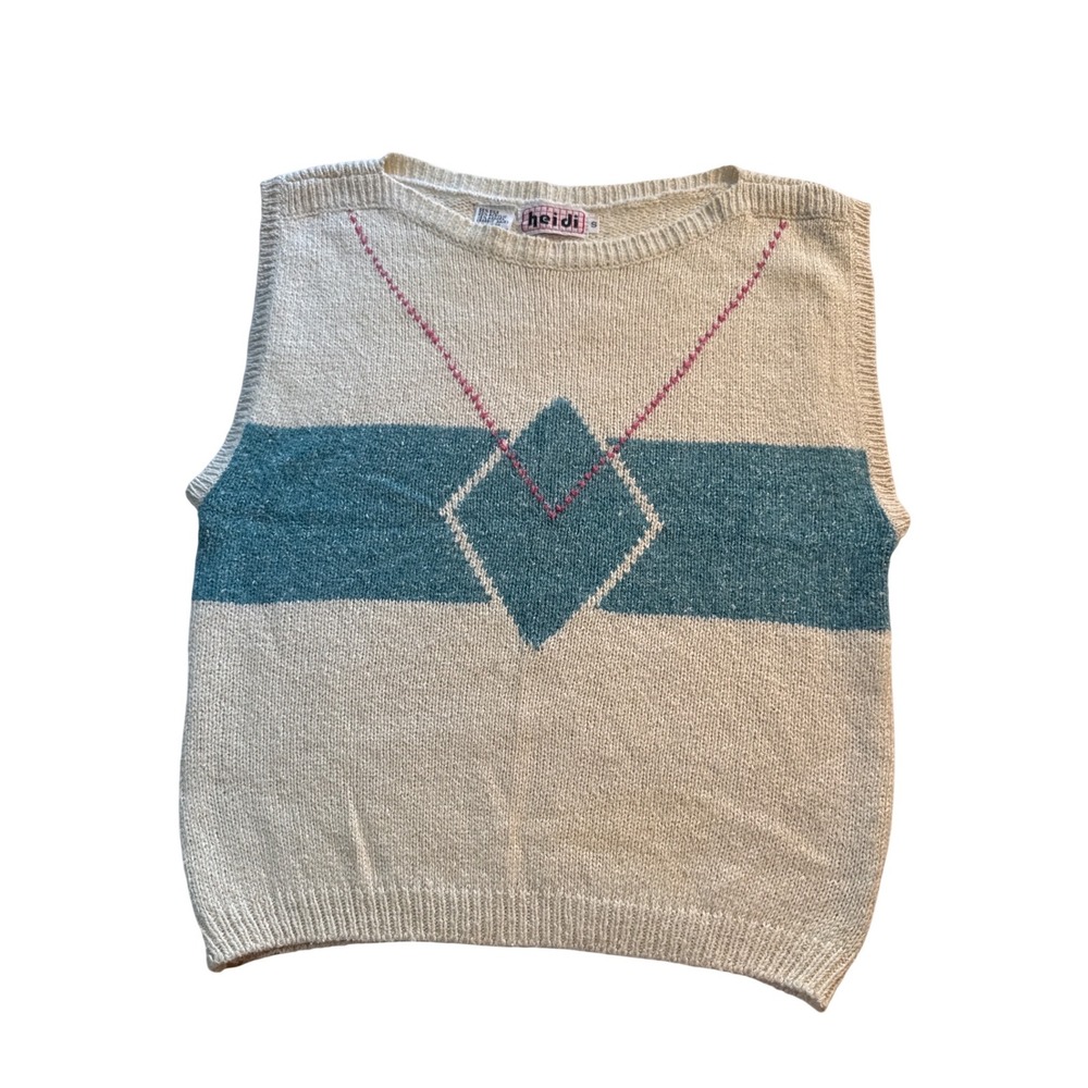 Vtg Heidi Silk Angora Knit Sweater Vest Cream Teal Diamond Preppy Acedemia 
Sz S
